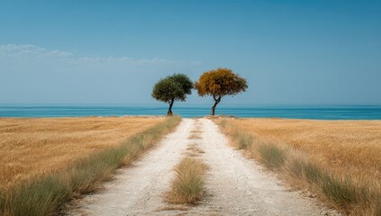 Coastal road, two trees, wheat field, summer, serenity