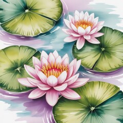 Delicate watercolor painting of serene pink water lilies floating gracefully on tranquil water surrounded by lily pads