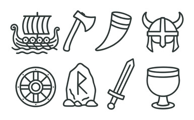Obraz premium Viking symbols: longship, axe, horn, helmet, shield, rune, sword, goblet