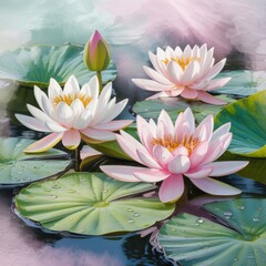 Serene water lilies bloom in soft pastel hues on a tranquil pond surface