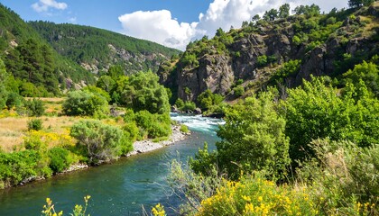 Scenic river valley with lush greenery