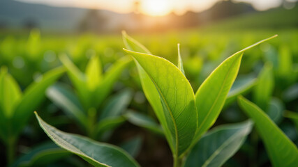 Fototapeta premium fresh green grass . Close up, top of green tea leaf in the morning, tea plantation, blurred background. 