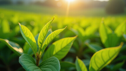 Obraz premium green leaves on a sunny day . Close up, top of green tea leaf in the morning, tea plantation, blurred background. 