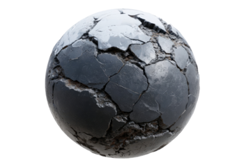 A cracked, dark gray sphere, resembling a fractured globe or planetary surface