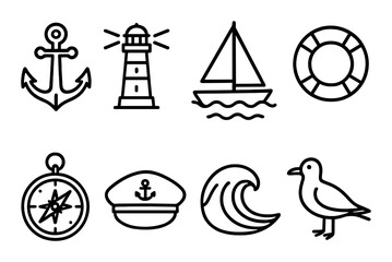 Nautical icon set: anchor, lighthouse, sailboat, lifebuoy, and more