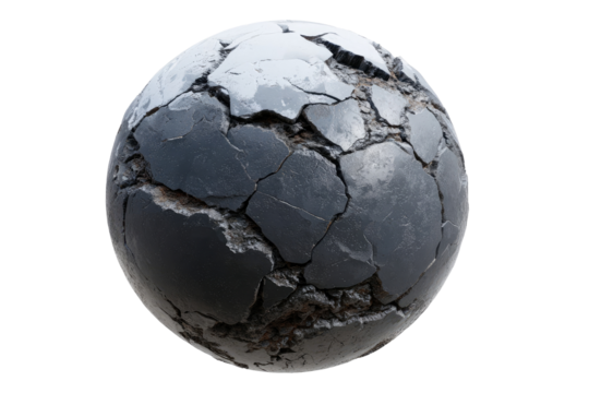 A cracked, dark gray sphere, resembling a fractured globe or planetary surface