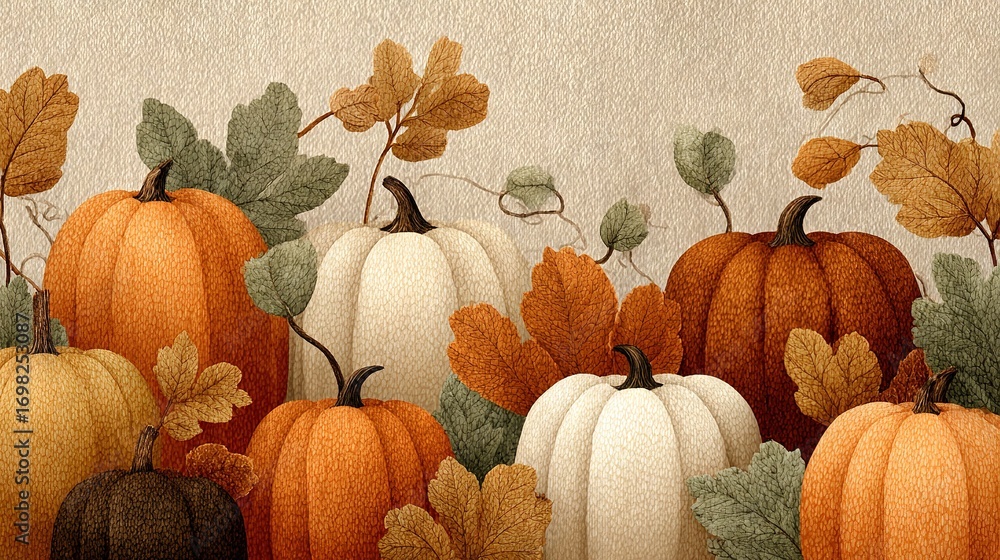 Poster a group of pumpkins with leaves on the top and bottom of the painting is depicted in the image at th