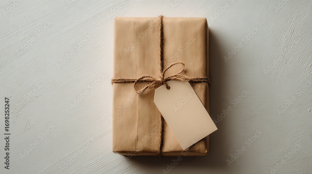 Poster a neatly wrapped brown package with a blank tag, tied with twine on a textured surface.