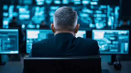 Medium shot of blue team analyst monitoring cyber defense dashboard in dark operations room, over the shoulder view.