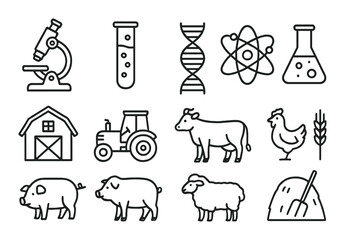 Scientific and agricultural icons: microscope, dna, tractor, farm animals, laboratory tools