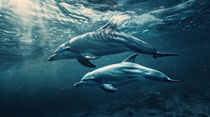 Naklejka premium A mother dolphin swimming alongside her calf, guiding and protecting it as they navigate the ocean currents