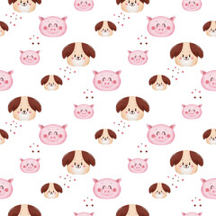 Seamless Pattern with Pig and Puppy Cartoon