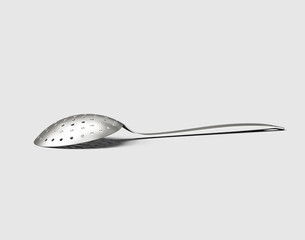 Sleek stainless steel perforated skimmer spoon on a pristine background. 3d illustration