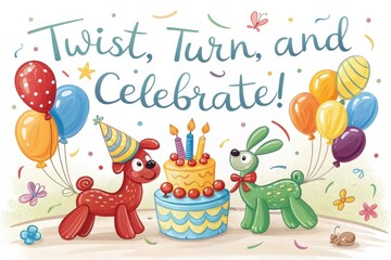 Obraz premium Playful balloon animals shaped like birthday cake colorful party illustration
