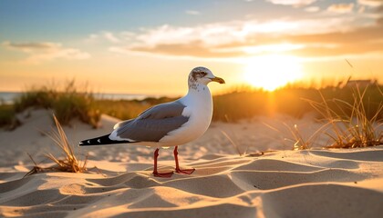 A seagull on a sandy beach at sunset
