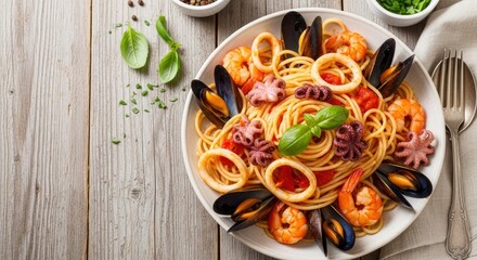 A delicious plate of spaghetti with mixed seafood including mussels, shrimp, squid, and baby octopus, garnished with fresh basil, served on a rustic wooden table.