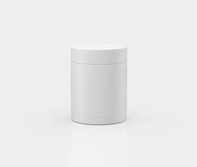 Isolated white plastic cylindrical jar mockup for cosmetic, food, or supplement, 3d illustration