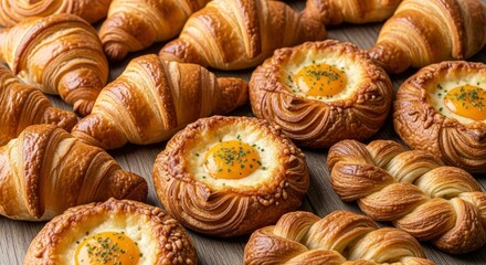 A delicious assortment of freshly baked pastries, including golden croissants, braided bread, and savory egg tarts, artfully arranged on a rustic wooden surface for a perfect breakfast.