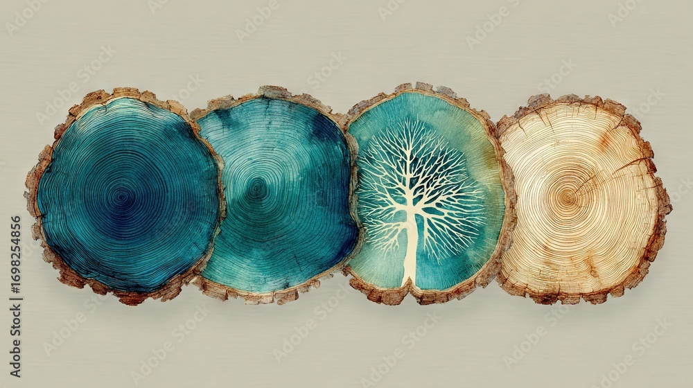 Poster a trio of wooden slabs featuring a central tree and a tree embedded in each slice