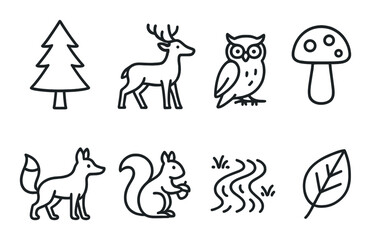 Fototapeta premium Nature silhouettes: deer, owl, fox, squirrel, tree, leaf, mushroom icons