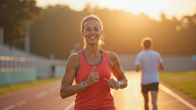 basketball player in action. Happy mature woman running in the morning, exercising for weight loss. Yoga workout outdoors in the stadium. Design ai
