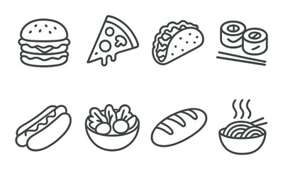 Outline icons of popular international foods on dark background