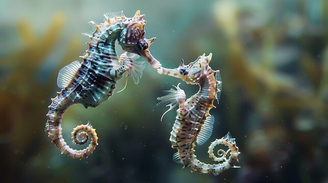 A pair of seahorses engaging in a delicate dance as the male carries the developing eggs in his brood pouch