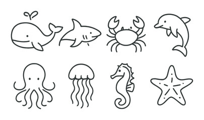 Marine animal icons: whale, shark, crab, dolphin, octopus, jellyfish, seahorse, starfish