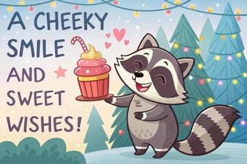 Naklejka premium Cartoon raccoon holding gift and cupcake festive forest birthday illustration