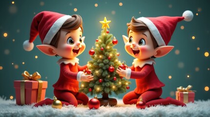 Two cheerful elves decorating a Christmas tree with colorful ornaments and a star at a festive holiday gathering