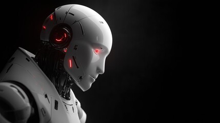 photograph of a white humanoid robot with red led eyes on a dark background, looking to the right side. this is a 3d rendering, shown in close-up. 