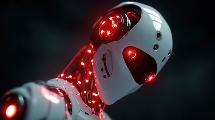 photo of a white humanoid robot with red led eyes on a dark background, 3d rendering, shot from the front. 