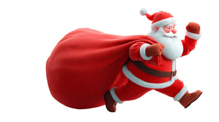 Santa claus running with a big red sack isolated on transparent background.