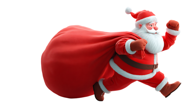 Santa claus running with a big red sack isolated on transparent background.