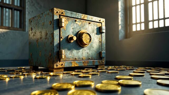 Old Metal Safe Surrounded by Scattered Gold Coins in Vintage Room with Window Light