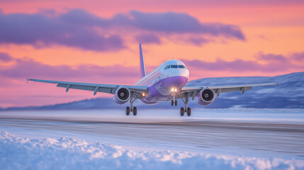 Naklejka premium Jet aircraft on frost-lined runway at dawn, snow shimmering under soft sunrise light, dramatic clouds glowing pink and orange, powerful silhouette of the plane