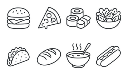 Monochrome icons of popular fast foods including burger, pizza, sushi, salad, and more