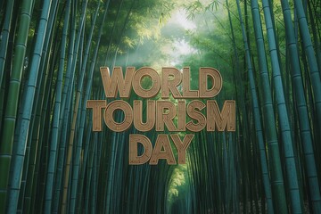 World tourism day celebrated with vibrant text amidst a lush green bamboo forest