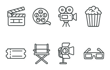 Film industry icons: clapperboard, reel, camera, popcorn, ticket, chair, spotlight, 3d glasses