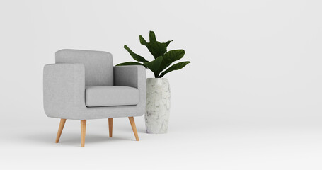 Gray armchair with indoor plant decoration