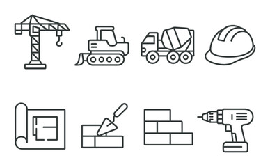 Construction tools and machinery icons: crane, bulldozer, mixer, hard hat, blueprint, trowel, bricks, drill