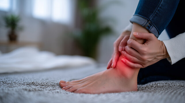 Close-up of swollen ankle with visible redness, patient gently holding it in discomfort, clinical background emphasizing medical context - Powered by Adobe
