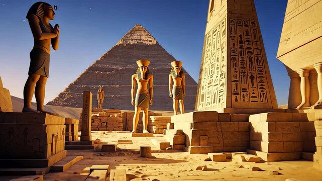 Ancient Egyptian Ruins with Statues, Obelisks, and the Great Pyramid at Sunset