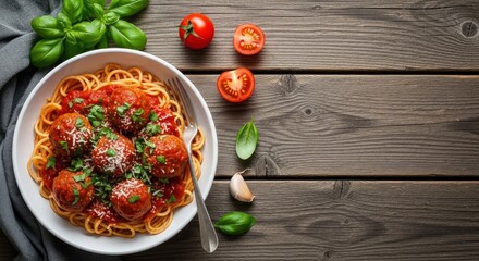 Delicious spaghetti and meatballs with rich tomato sauce, parmesan cheese, and fresh basil on a rustic wooden table, surrounded by fresh ingredients. Top view with copy space.
