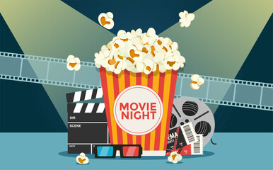 Cinema banner with of movie elements. Movie time. Movie night.Cinema concept poster. Vector stock	