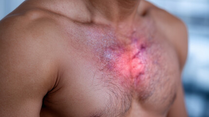 Fototapeta premium Male torso close-up with glowing red spot on chest, symbolic of chest pain, isolated on pure white