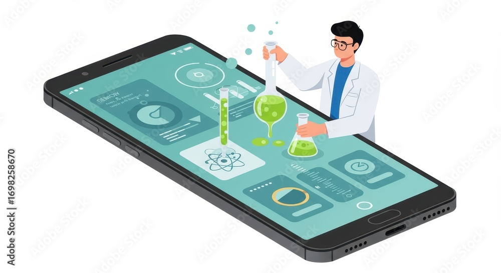 Poster a scientist character conducts virtual experiments on a smartphone display, showcasing a modern mobi