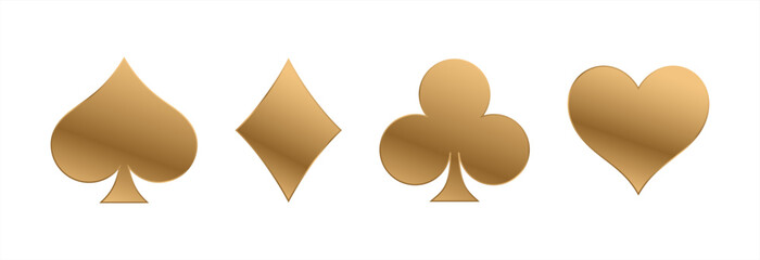 Gold playing card suits, spade, heart, club and diamond vector set for your design or logo. Realistic deck cards isolated on white background. Vector 10 eps.