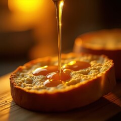 Sweet focaccia topped with golden honey drizzles during a warm sunset moment