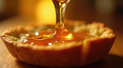 Sweet focaccia drizzled with syrup showcases a delightful dessert experience at a cozy bakery in the evening